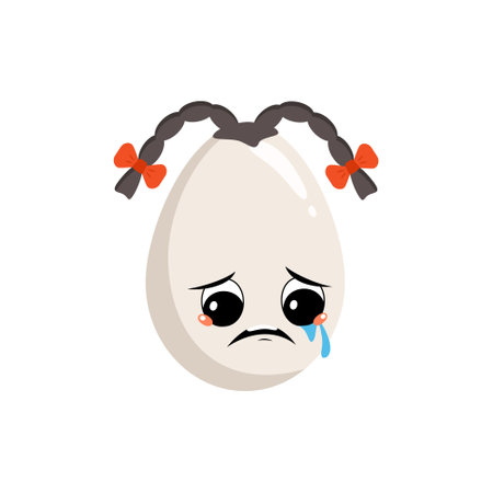 Cute girl egg character with sad emotions, depressed face, down eyes and braids. Festive decoration for Easter. A mischievous culinary hero. Vector flat illustrationのイラスト素材