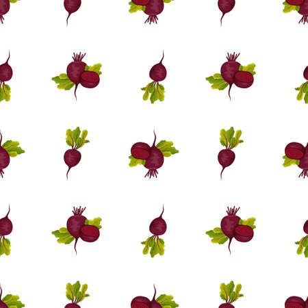 Seamless pattern with beet. Print of healthy vegetables, half and green leaves of tops on white background. Vector flat illustrationのイラスト素材