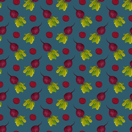 Seamless pattern with beet. Print of healthy vegetables, half and green leaves of tops on blue background. Vector flat illustrationのイラスト素材