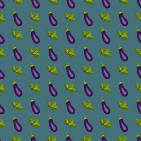 Seamless pattern with eggplant. Print of healthy vegetables and green leaves on blue background. Vector flat illustrationのイラスト素材
