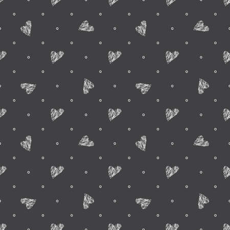Cute seamless pattern with hand drawn white hearts and circles on gray background. Festive decoration for Valentine Day, print with chalk lines on slate board. Vector flat illustrationのイラスト素材