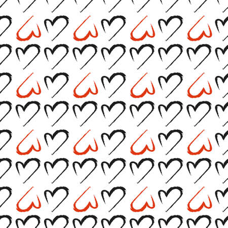 Cute simple line heart print. Festive decoration for Valentine Day. Seamless black and white pattern with red hand drawn symbol of love. Vector flat illustrationのイラスト素材