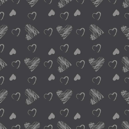 Cute seamless pattern with hand drawn gray hearts and on dark background. Festive decoration for Valentine Day, print with chalk lines on slate board. Vector flat illustrationのイラスト素材