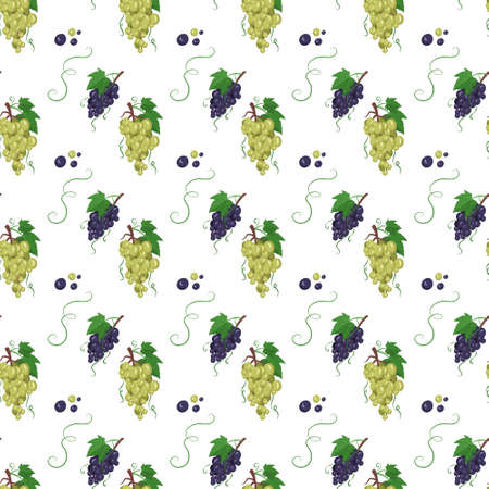 Seamless pattern with white grapes on branches with berries and leaves. Sweet healthy food print, wholesome delicious dessert background. Vector flat illustrationのイラスト素材