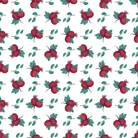 Seamless pattern with beet. Print of healthy vegetables, half and green leaves of tops on blue...