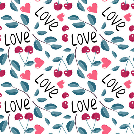Cute seamless pattern with cherries, hearts, word love and leaves. Festive print, valentine day...