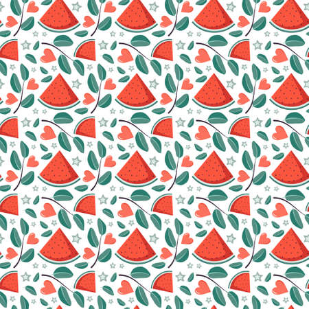 Cute seamless pattern with watermelon, hearts, star and leaves. Festive bright print, valentine day or summer decoration for wrapping paper, textile and design. Vector flat illustrationのイラスト素材