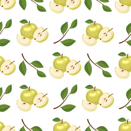 Seamless pattern with yellow apples. Print from whole and half healthy fruits. Background from sweet food for diet. Vector flat illustrationのイラスト素材