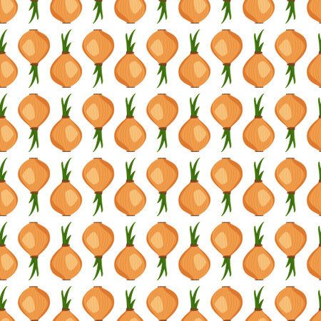 Seamless cute pattern with onion. Healthy vegetable print, food background. Vector flat illustrationのイラスト素材