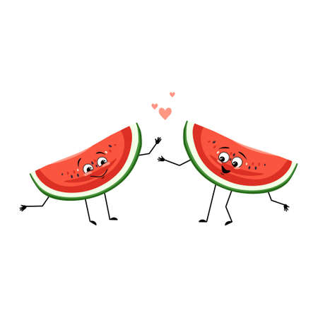 Watermelon character with love emotions, smile face, arms and legs. Person with happy expression, fruit or berry emoticon. Vector flat illustrationのイラスト素材