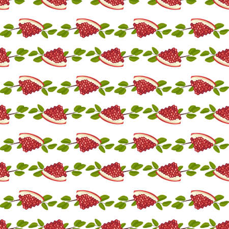 Seamless pattern with part of red pomegranate and leaves. Healthy bright fruits print on white background. Sweet food for diet. Vector flat illustrationのイラスト素材