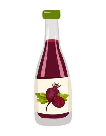 Bottle with red beetroot juice, whole vegetables with leaves and half. Delicious healthy drink and product. Food vector flat illustrationのイラスト素材