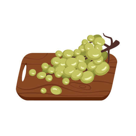 Berries of light grapes on branch on wooden cutting board. Sweet healthy food, delicious dessert or snack. Vector flat illustrationのイラスト素材