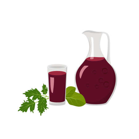 Jug and glass with red beetroot juice, parsley and spinach leaves. Delicious healthy drink and weight loss product with vitamins and antioxidants. Vector flat food illustrationのイラスト素材
