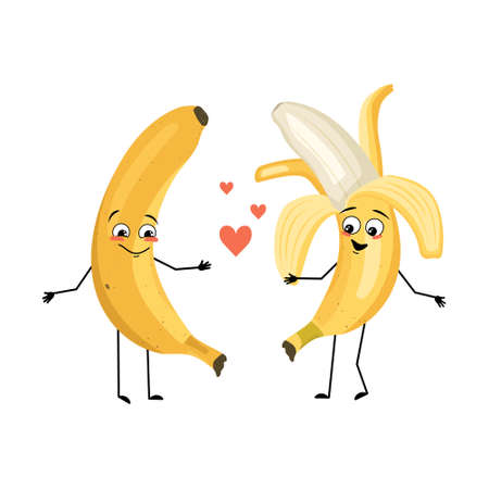 Banana character with love emotions, smile face, arms and legs. Person with happy expression, tropical fruit emoticon. Vector flat illustrationのイラスト素材