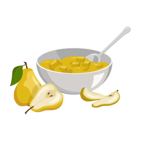 Bowl with spoon with yellow pear jam, whole fruit with leaves and halves with seeds. Delicious healthy food and product. Vector flat food illustrationのイラスト素材