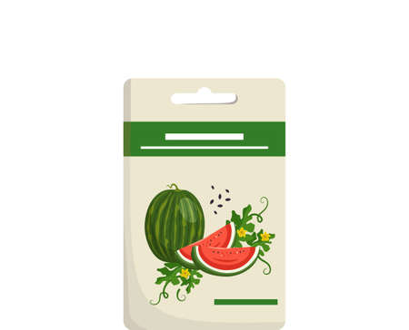 Pack of watermelon seeds for planting in garden and harvesting. Useful fruits for proper nutrition. Sweet food for diet. Vector flat illustrationのイラスト素材