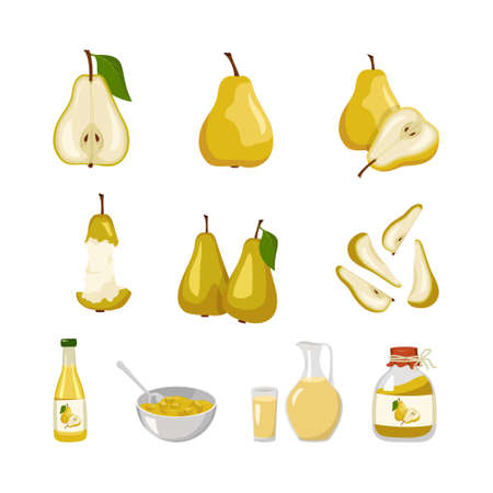 Yellow pear icons set. Whole fruits and halves with seeds and leaves, stub, pear juice in bottle, jug and glass, jam in jar and pieces in bowl. Sweet food for diet. Vector flat illustrationのイラスト素材