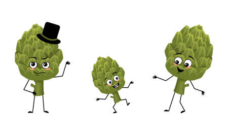 Family of artichoke fruit characters with happy emotions, smile face, happy eyes, arms and legs. Mom is happy, dad is wearing hat and child is dancing. Vector flat illustrationのイラスト素材