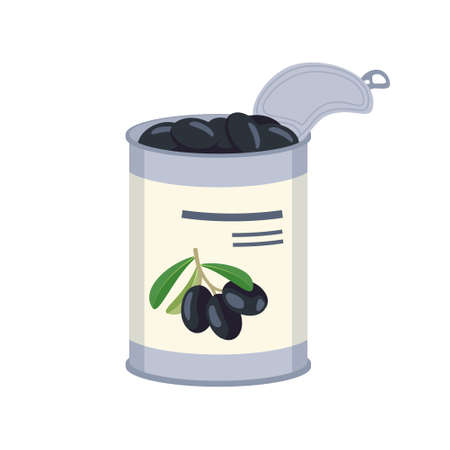 Dark olives in open tin. Ready made traditional Greek food, delicious appetizer. Vector flat illustrationのイラスト素材