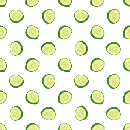 Seamless pattern with green cucumber cut into pieces. Delicious healthy vegetable print on white background, fresh food for salad preparation, harvest. Vector flat illustrationのイラスト素材