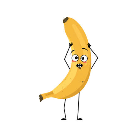 Banana character with emotions in panic grabs his head, surprised face, shocked eyes, arms and legs. Person with scared expression, fruit emoticon. Vector flat illustrationのイラスト素材