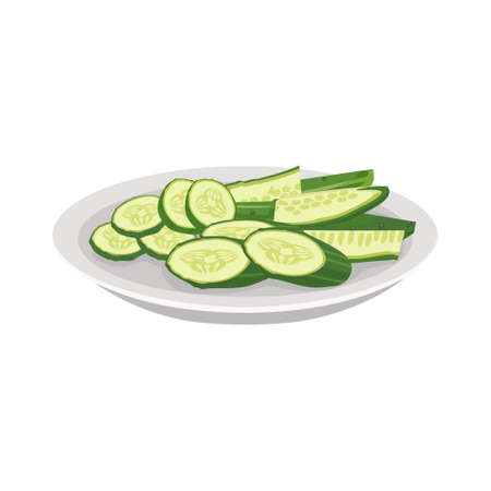 Green sliced cucumber on plate. Delicious healthy vegetable, fresh food for salad preparation, harvest. Vector flat illustrationのイラスト素材