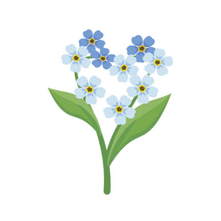 Little blue forget me not flowers in the shape of heart with stems and leaves. Field flowering plants. Romantic decoration for wedding and design. Vector flat illustrationのイラスト素材