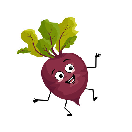 Beet character with happy emotion, joyful face, smile eyes, arms and legs. Person with expression,...