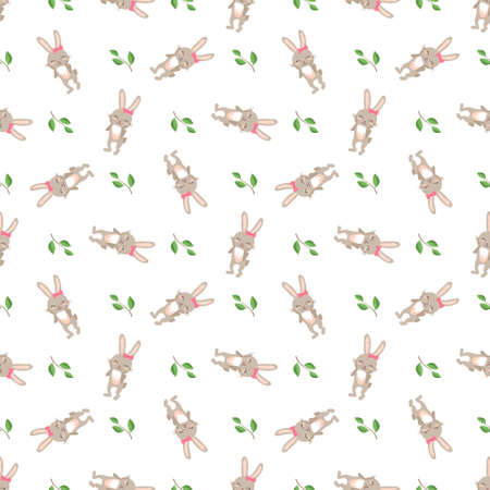 Happy Easter seamless pattern. Festive decoration print with rabbit and green twig and leaves on white background. Elements for wrapping paper, textiles and decor. Vector flat illustrationのイラスト素材