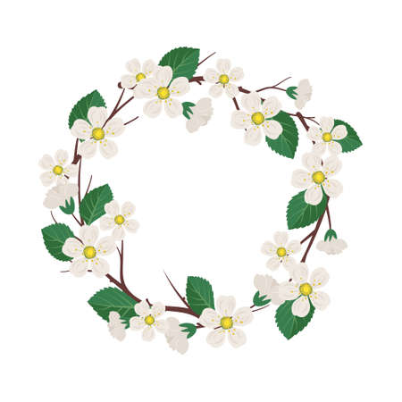Round wreath of cherry or apple tree. Frame with white flowers. Spring blooming composition with buds and leaves. Festive decoration for wedding, holiday, postcard and design. Vector flat illustrationのイラスト素材