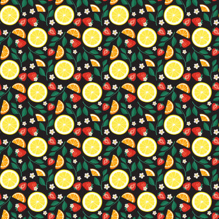 Seamless bright spring and summer pattern with orange, lemon and strawberry with leaves on dark background. Print of citrus fruits and berries. Vector flat illustration of healthy foodのイラスト素材