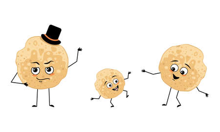 Family of pancake characters with happy emotions, smile face, happy eyes, arms and legs. Mom is happy, dad is wearing hat and child is dancing. Vector flat illustrationのイラスト素材