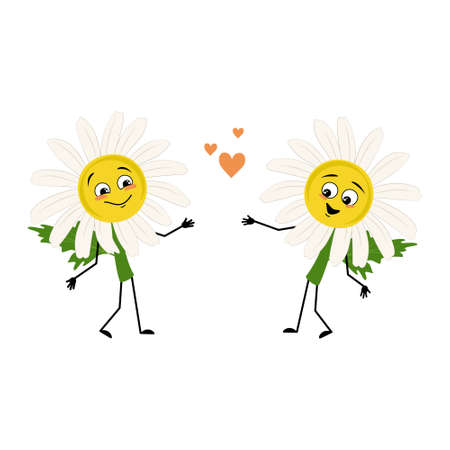 Chamomile character with love emotions, smile face, arms and legs. Person with happy expression, daisy flower hero. Vector flat illustrationのイラスト素材