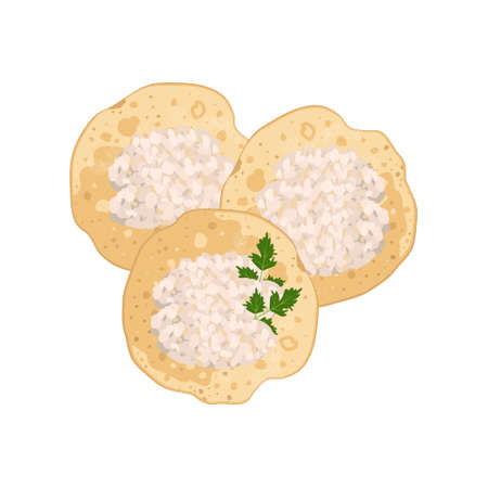 Pancake, delicious homemade pastry with cottage cheese and parsley for breakfast, Maslenitsa, carnival or holiday. Vector flat food illustrationのイラスト素材