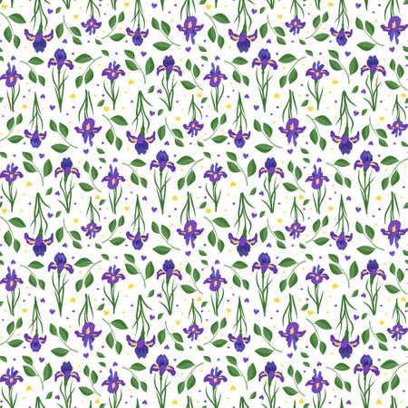 Cute seamless pattern of iris flowers. Bright spring and summer print with green leaves and hearts. Holiday decorations. Vector flat illustrationのイラスト素材