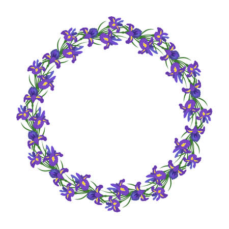 Round wreath of iris flowers. Frame with spring blooming composition with plants and leaves. Festive decoration for wedding, holiday, postcard and design. Vector flat illustrationのイラスト素材