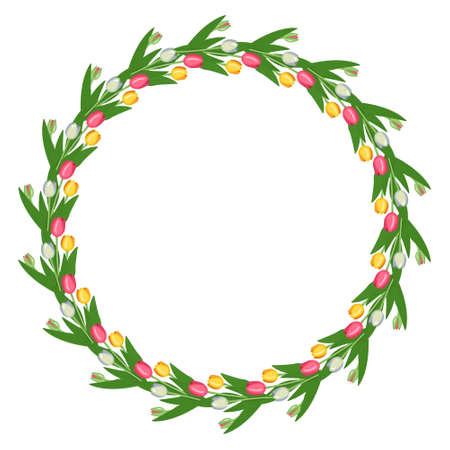 Round wreath of tulip flowers. Frame with spring blooming composition with plants and leaves. Festive decoration for wedding, holiday, postcard and design. Vector flat illustrationのイラスト素材