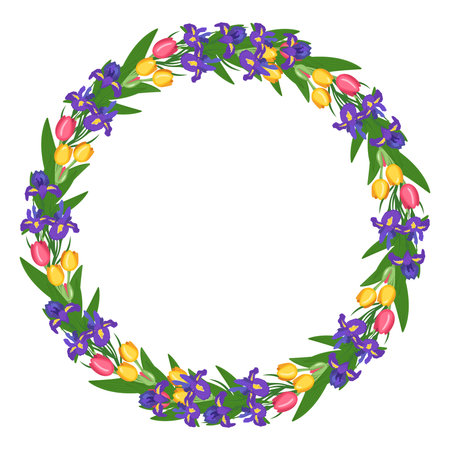 Round wreath of tulip and iris flowers. Frame with spring blooming composition with plants and leaves. Festive decoration for wedding, holiday, postcard and design. Vector flat illustrationのイラスト素材