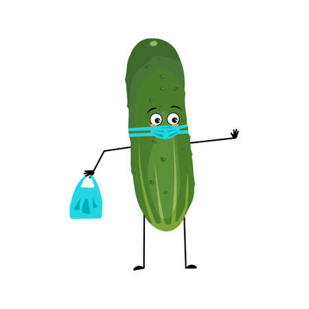 Cucumber character with sad emotions, face and mask keep distance, hands with shopping bag and stop gesture. Person with care expression, green vegetable emoticon. Vector flat illustrationのイラスト素材