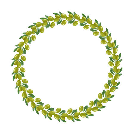 Wreath of branch green olives with fruits and leaves. Round frame, Greek traditional food. Holiday decorations for wedding, holiday, postcard, poster and design. Vector illustrationのイラスト素材