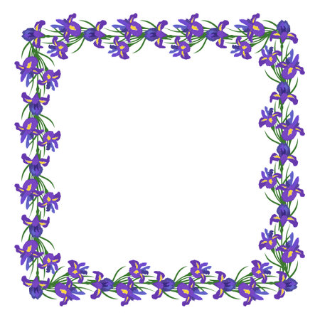 Square frame of iris flowers. wreath with spring blooming composition with plants and leaves. Festive decoration for wedding, holiday, postcard and design. Vector flat illustrationのイラスト素材