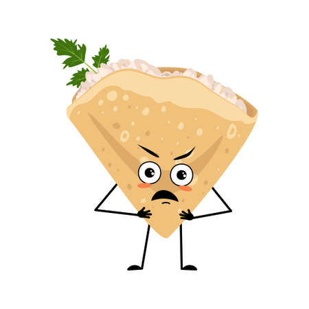 Pancake character with angry emotions, grumpy face, furious eyes, arms and legs. Baking person, homemade pastry with irritated expression. Vector flat illustrationのイラスト素材