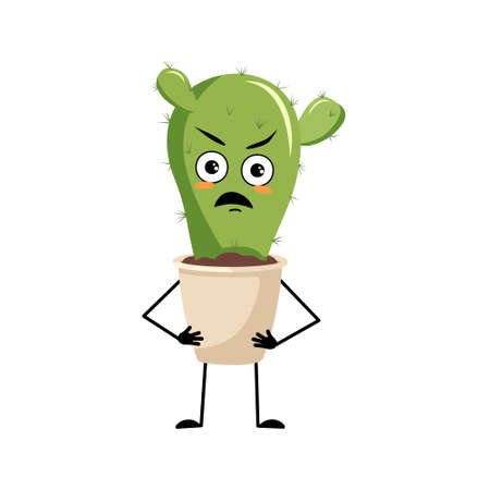 Cute cactus character in pot with angry emotions, grumpy face, furious eyes, arms and legs. Houseplant with irritated expression. Vector flat illustrationのイラスト素材