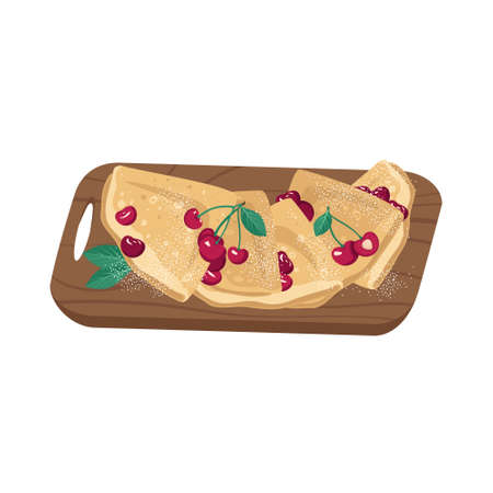 Thin pancakes on wooden board with sweet cherries. Festive dish for Maslenitsa, carnival and Shrovetide. Delicious pastries. Vector flat illustrationのイラスト素材