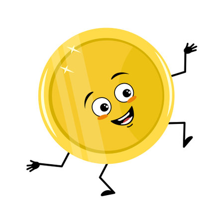 Cute golden coin character with happy emotion, joyful face, smile eyes, arms and legs. Money person with funny expression and pose. Vector flat illustrationのイラスト素材