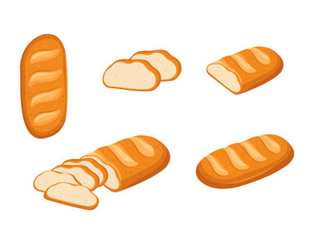 Whole and sliced white loaf bread. Bakery products, pastries, dough food. Vector flat cartoon foodのイラスト素材