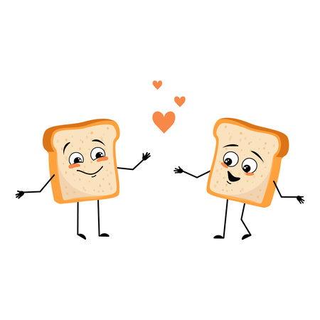 Cute bread character with love emotions, smile face, arms and legs. Baking person, homemade pastry...