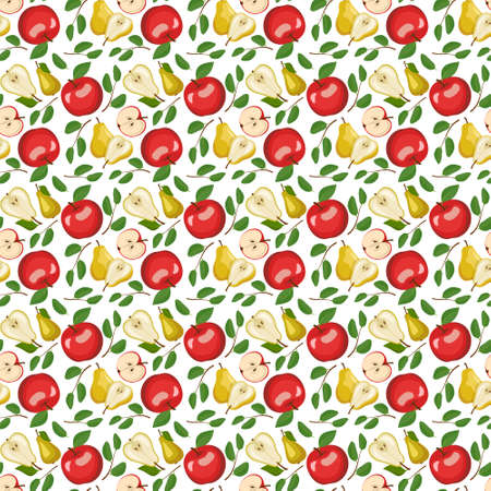 Seamless pattern with yellow pear and red apple. Print from whole healthy fruits. Background from sweet food for diet. Vector flat illustrationのイラスト素材