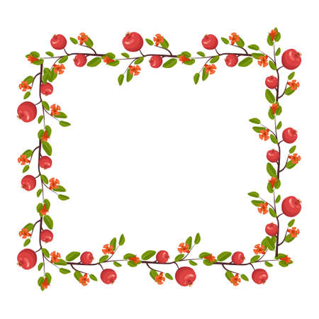 Square frame of pomegranate flowers and fruits. wreath with spring blooming composition with plants and leaves. Festive decoration for wedding, holiday, postcard and design. Vector flat illustrationのイラスト素材
